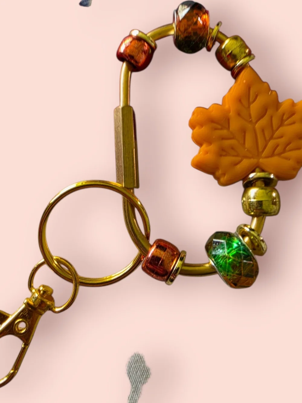 Gold-Tone Leaf Charm Purse Clip with Orange Leaf and Beads